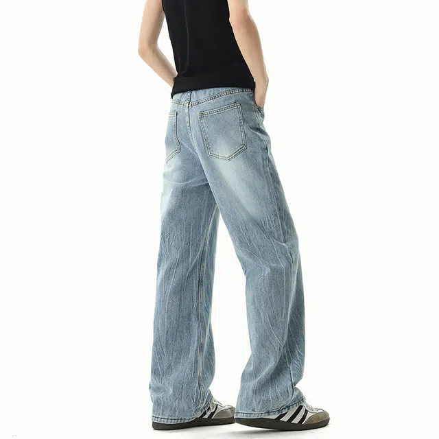 佐菲利 高街美式复古水洗做旧扎染宽松直筒牛仔裤 男款