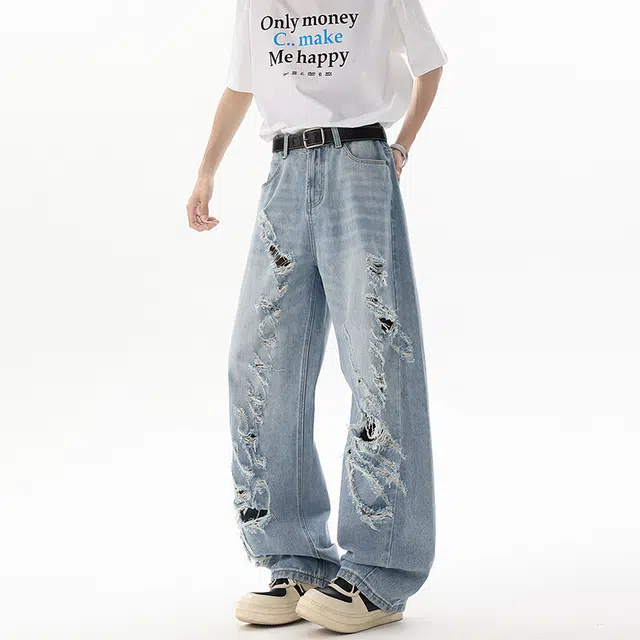 佐菲利 美式做旧破洞宽松松弛感直筒牛仔裤 男女同款