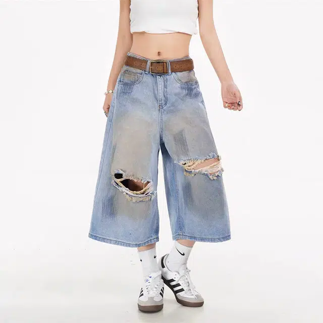 佐菲利 美式潮牌痞帅破洞水洗七分夏季直筒宽松阔腿裤子牛仔短裤 男女同款
