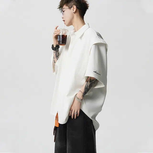 佐菲利 假两件垂感高级感慵懒廓形衬衣宽松冰丝外套夏季短袖衬衫 男款