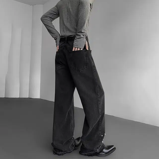 佐菲利 美式街头重工珍珠满天星镶珠烫珠宽松直筒痞帅高街阔腿裤牛仔裤 男女同款