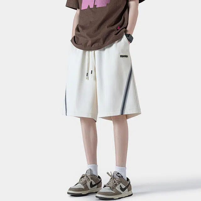 佐菲利 美式条纹拼接夏季外穿中裤痞帅运动宽松透气五分裤休闲短裤 男款