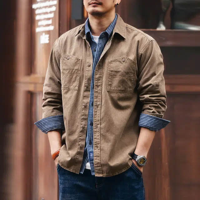 格蓝鹿 春秋季 美式复古城市机能风男士工装外套潮牌高街痞帅阿美咔叽水洗做旧拼接口袋设计休闲长袖上衣衬衫 宽松 男女同款