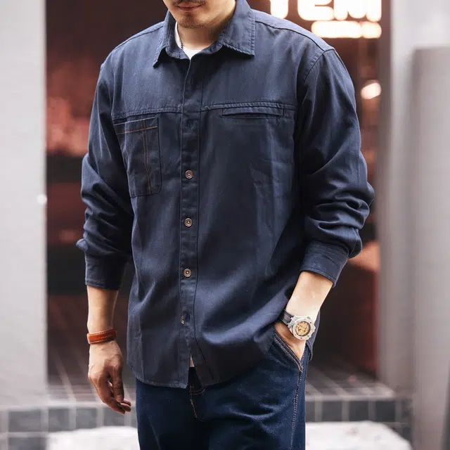 格蓝鹿 春秋季 日系复古文艺青年风工装翻领长袖男士城市机能大码纯色拼接口袋设计潮牌休闲上衣外套衬衫 宽松 男女同款