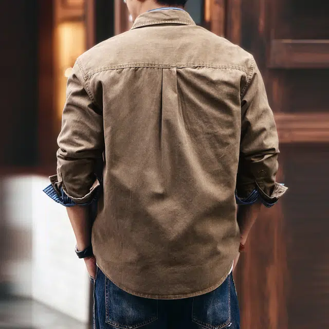 格蓝鹿 春秋季 美式复古城市机能风男士工装外套潮牌高街痞帅阿美咔叽水洗做旧拼接口袋设计休闲长袖上衣衬衫 宽松 男女同款