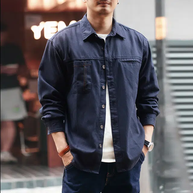 格蓝鹿 春秋季 日系复古文艺青年风工装翻领长袖男士城市机能大码纯色拼接口袋设计潮牌休闲上衣外套衬衫 宽松 男女同款