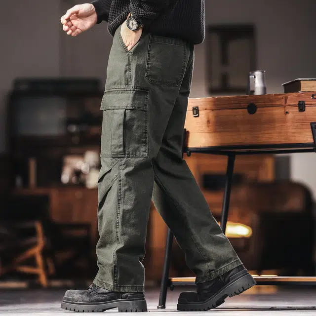格蓝鹿 秋季 美式复古潮流百搭山系户外风水洗解构男士潮牌拼接口袋设计休闲宽松阔腿机能长裤工装裤 直筒 男女同款