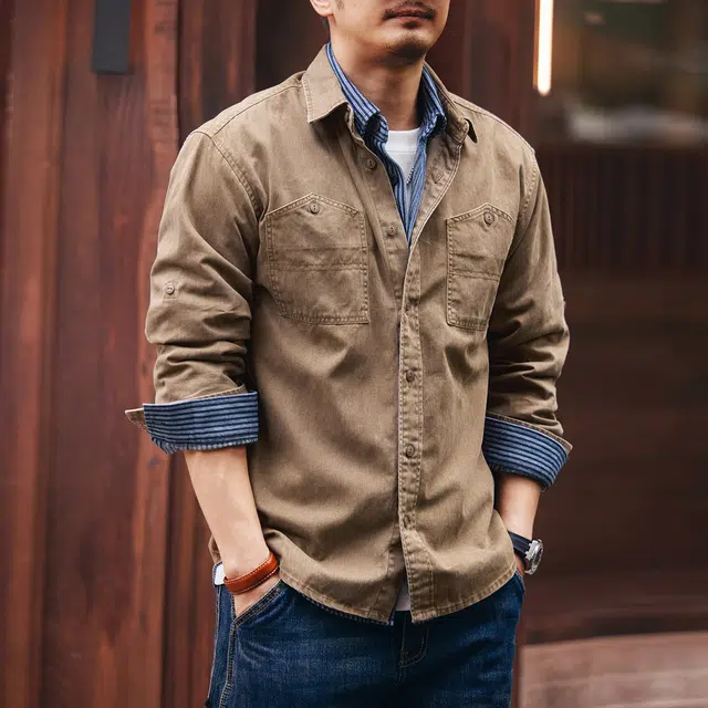 格蓝鹿 春秋季 美式复古城市机能风男士工装外套潮牌高街痞帅阿美咔叽水洗做旧拼接口袋设计休闲长袖上衣衬衫 宽松 男女同款