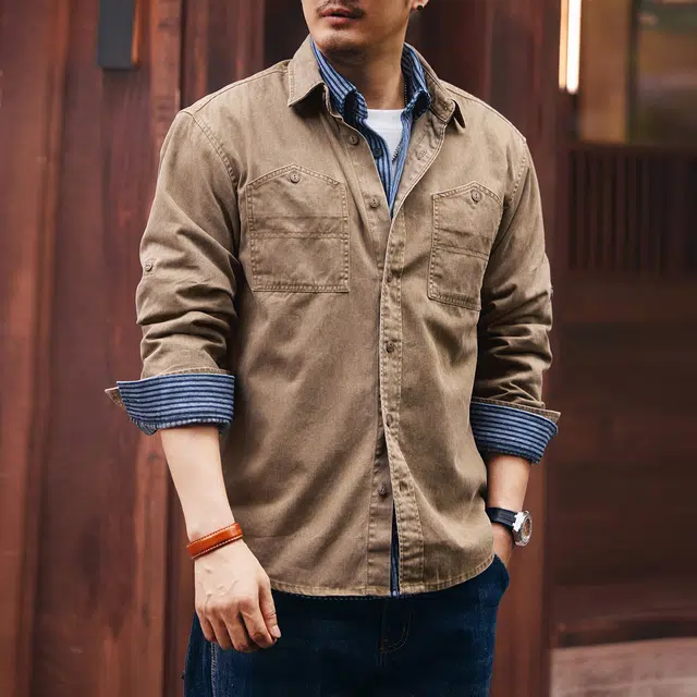 格蓝鹿 春秋季 美式复古城市机能风男士工装外套潮牌高街痞帅阿美咔叽水洗做旧拼接口袋设计休闲长袖上衣衬衫 宽松 男女同款