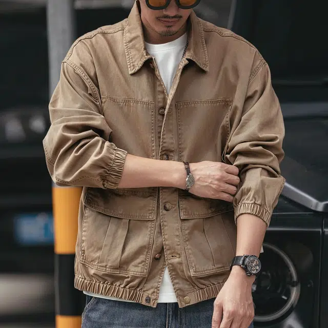 格蓝鹿 美式纯色宽松水洗夹克外套 男款