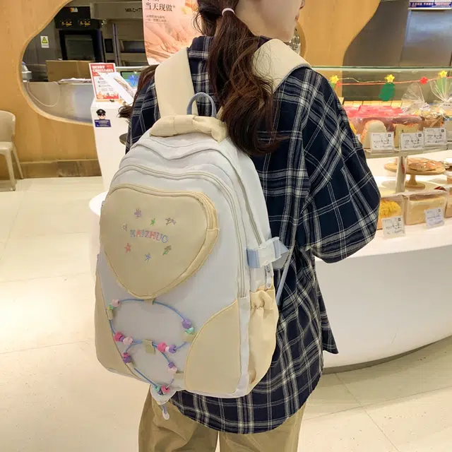 行途 书包可爱爱心大容量休闲百搭背包 尼龙 双肩包 常规 男女同款情侣款 粉色/白色