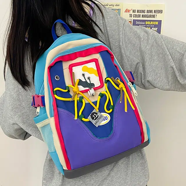 行途 休闲百搭撞色创意 帆布 双肩包 小号 女款 蓝色/卡其色