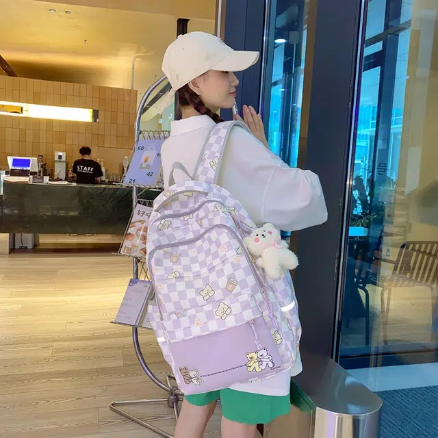 行途 学院风书包时尚格子简约背包大容量初中生休闲百搭双肩包女 尼龙
