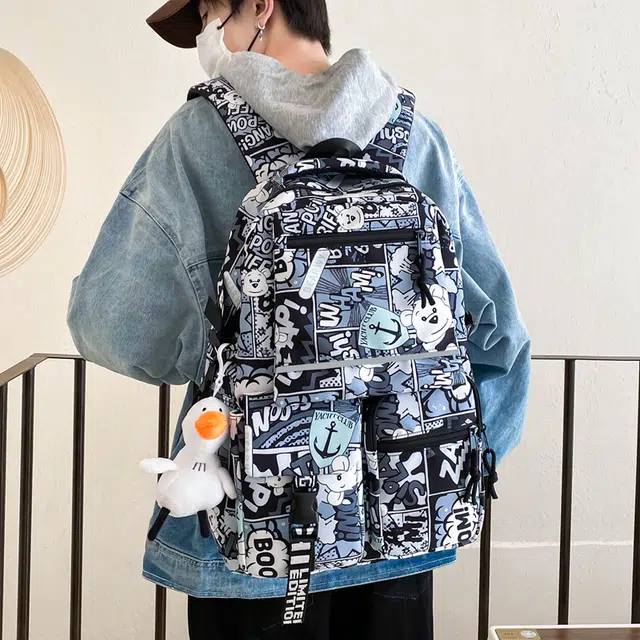 行途 潮酷时尚迷彩涂鸦校园背包港风大学生书包潮 尼龙 双肩包 常规 男女同款情侣款 黑色/红色/蓝色/紫色
