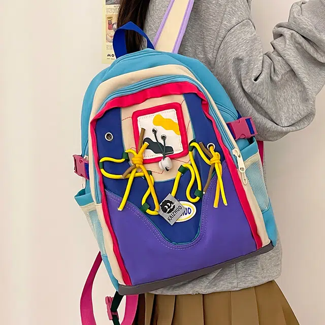 行途 休闲百搭撞色创意 帆布 双肩包 小号 女款 蓝色/卡其色
