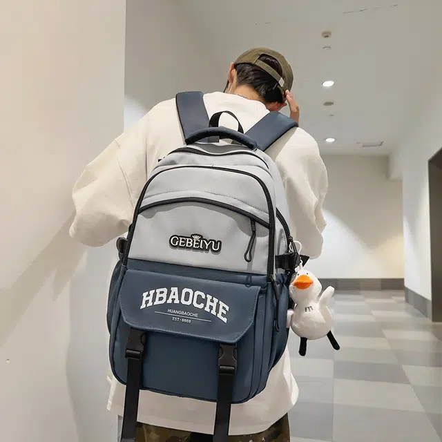 行途 韩版简约百搭初中高中学生美式校园风减负大容量 尼龙 双肩包 男女同款情侣款 灰蓝色/灰色/卡其色/白蓝色/黑色