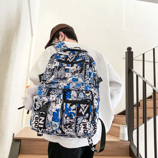 行途 潮酷时尚迷彩涂鸦校园背包港风大学生书包潮 尼龙 双肩包 常规 男女同款情侣款 黑色/红色/蓝色/紫色