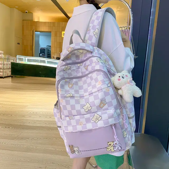 行途 学院风书包时尚格子简约背包大容量初中生休闲百搭双肩包女 尼龙