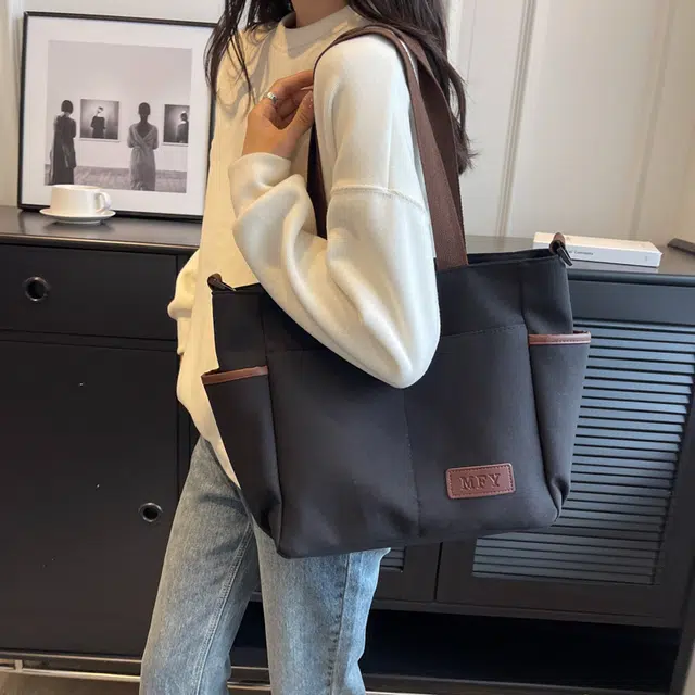 行途 撞色多口袋大容量多功能简约 帆布 斜挎单肩包 常规 女款 黑色/米白色/卡其色