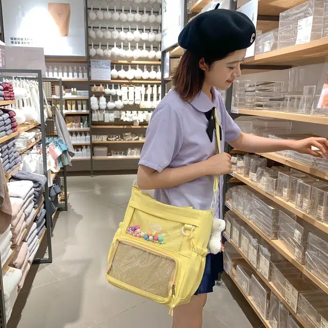 行途 简约时尚校园初中生大容量背包可爱托特包 涤棉 单肩斜挎包 女款 黑色/白色/卡其色/蓝色/黄色/紫色