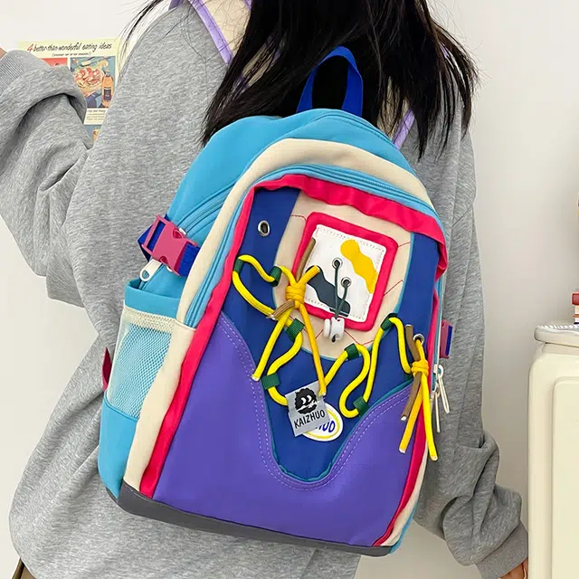 行途 休闲百搭撞色创意 帆布 双肩包 小号 女款 蓝色/卡其色
