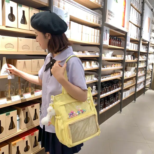 行途 简约时尚校园初中生大容量背包可爱托特包 涤棉 单肩斜挎包 女款 黑色/白色/卡其色/蓝色/黄色/紫色