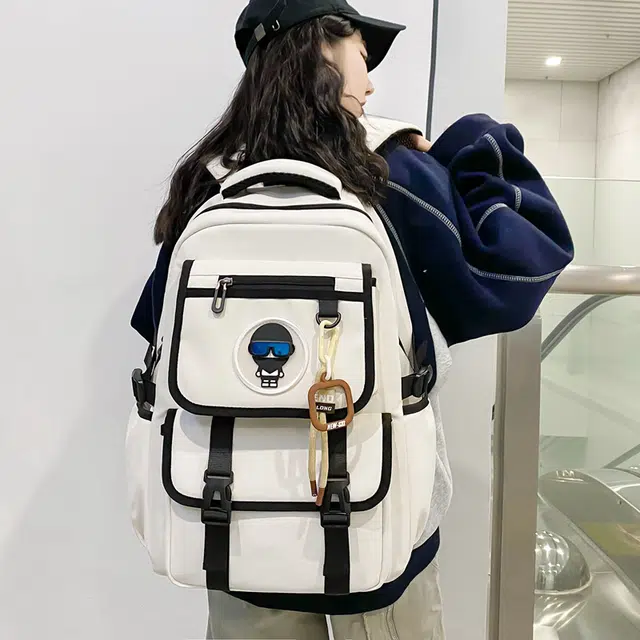 行途 大容量初高中大学生上课书包潮时尚简约休闲 尼龙 双肩包 男女同款情侣款 黑色/米白色/绿色/卡其色