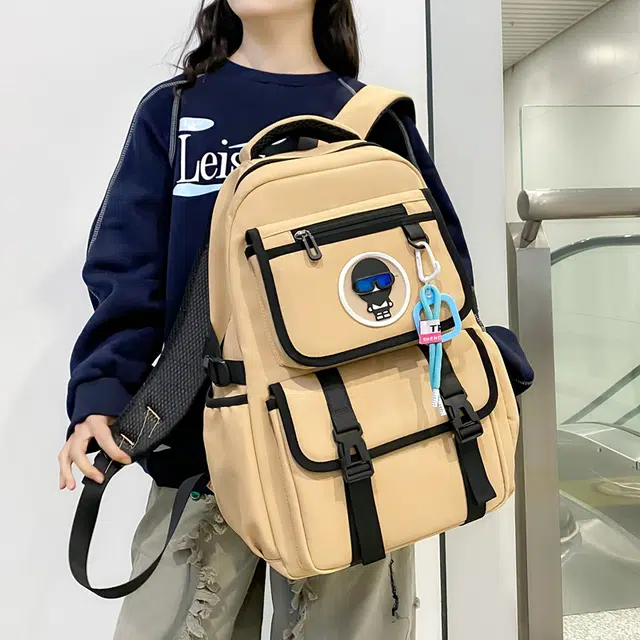 行途 大容量初高中大学生上课书包潮时尚简约休闲 尼龙 双肩包 男女同款情侣款 黑色/米白色/绿色/卡其色