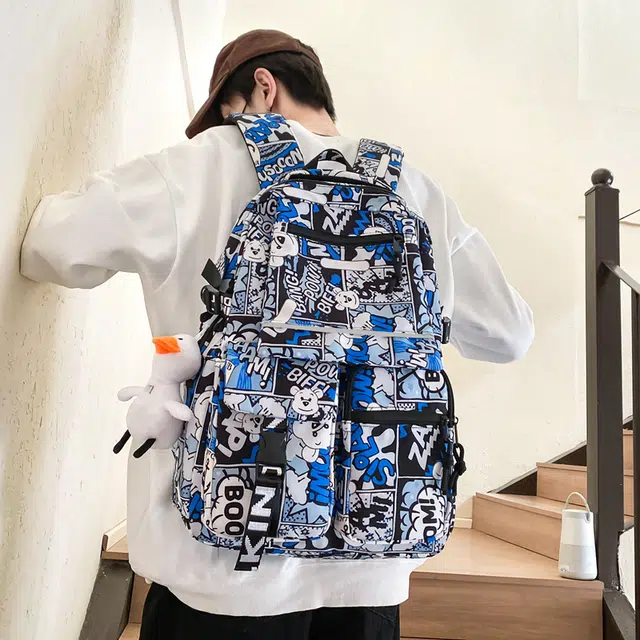 行途 潮酷时尚迷彩涂鸦校园背包港风大学生书包潮 尼龙 双肩包 常规 男女同款情侣款 黑色/红色/蓝色/紫色