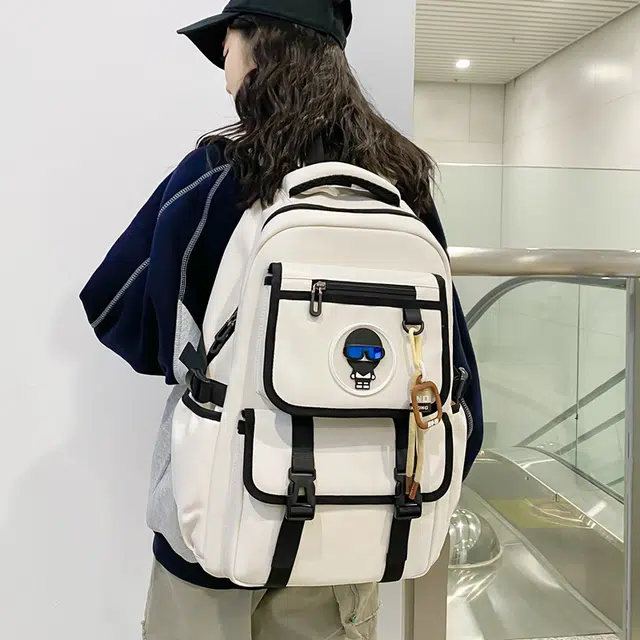 行途 大容量初高中大学生上课书包潮时尚简约休闲 尼龙 双肩包 男女同款情侣款 黑色/米白色/绿色/卡其色
