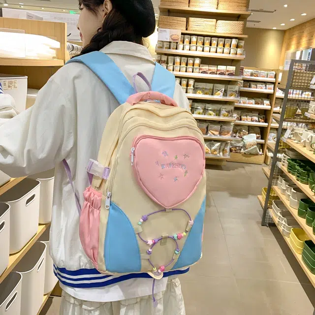 行途 书包可爱爱心大容量休闲百搭背包 尼龙 双肩包 常规 男女同款情侣款 粉色/白色