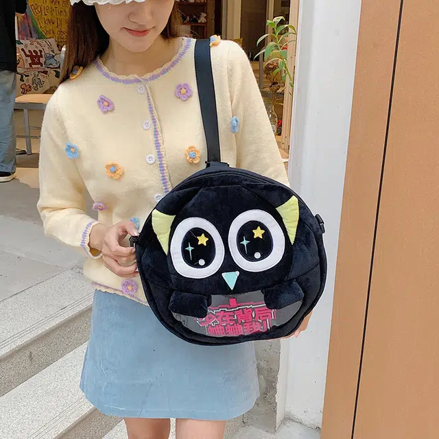 行途 韩版可爱卡通动漫百搭 毛绒 双肩包 男女同款情侣款 灰色/黑色