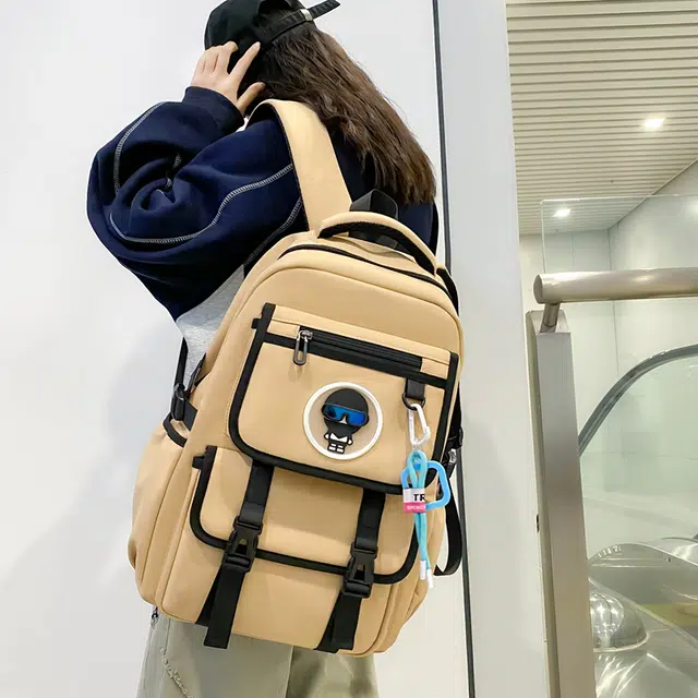 行途 大容量初高中大学生上课书包潮时尚简约休闲 尼龙 双肩包 男女同款情侣款 黑色/米白色/绿色/卡其色