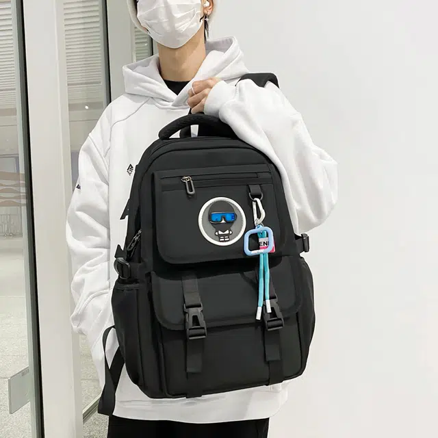 行途 大容量初高中大学生上课书包潮时尚简约休闲 尼龙 双肩包 男女同款情侣款 黑色/米白色/绿色/卡其色