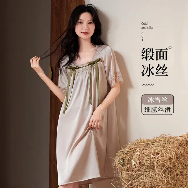 都市丽人 夏季薄款可外穿冰丝家居服蝴蝶结装饰亲肤凉感透气睡裙 女款