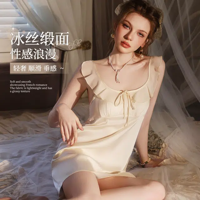 都市丽人 轻奢性感花边蝴蝶结凉感无袖睡裙 女款