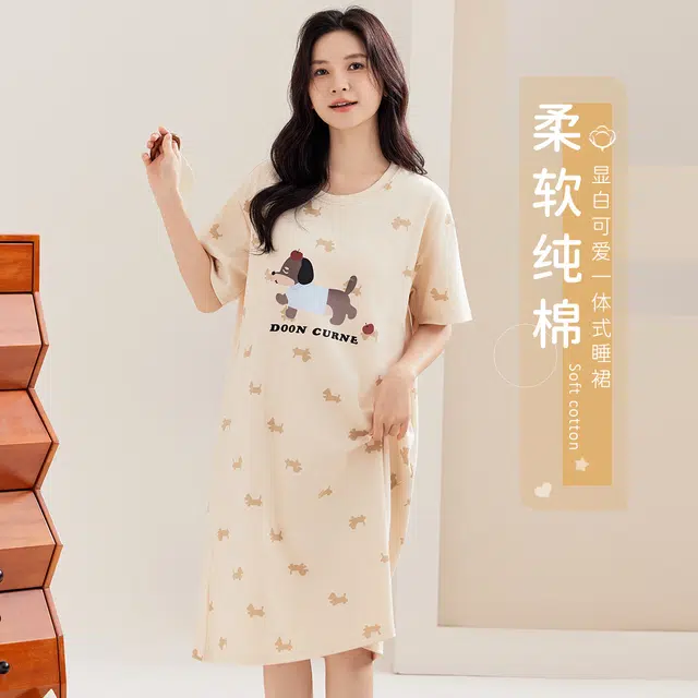 都市丽人 全棉夏季可外穿亲肤柔软舒适透气家居服卡通图案可爱版睡裙 女款