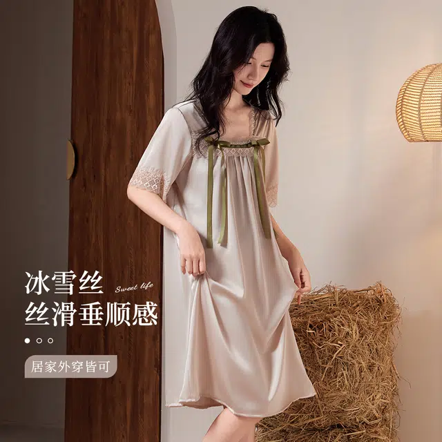 都市丽人 夏季薄款可外穿冰丝家居服蝴蝶结装饰亲肤凉感透气睡裙 女款
