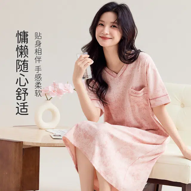 都市丽人 全棉中式可外穿家居服夏季薄款舒适柔软透气亲肤简约款睡裙 女款