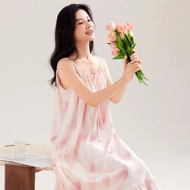 都市丽人 时尚简约休闲舒适小清新无袖睡裙 女款 粉红色