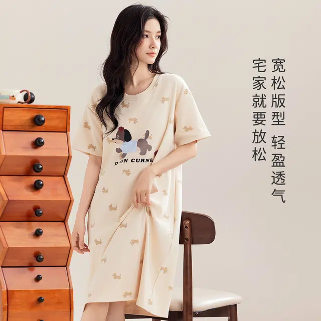 都市丽人 全棉夏季可外穿亲肤柔软舒适透气家居服卡通图案可爱版睡裙 女款