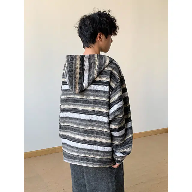 奇迹街区 费尔岛美式潮牌复古渐变撞色拼接条纹休闲情侣日系慵懒感毛呢帽衫时尚百搭开衫小众设计感高级拉链连帽卫衣 男女同款