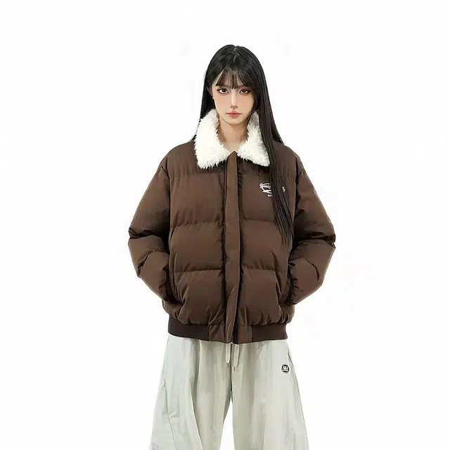 奇迹街区 美式复古拼接毛领短款面包服外套百搭加厚设计感字母图案印花宽松舒适简约个性翻领保暖棉衣冬季棉服 男女同款