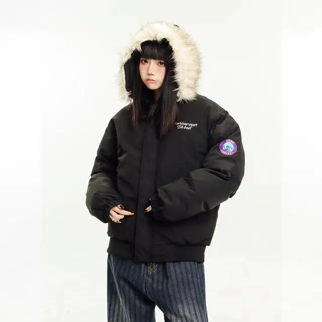 奇迹街区 美式座山雕复古街头国潮宽松加厚保暖情侣外套上衣潮流个性设计感字母连帽毛领冬季棉服 男女同款