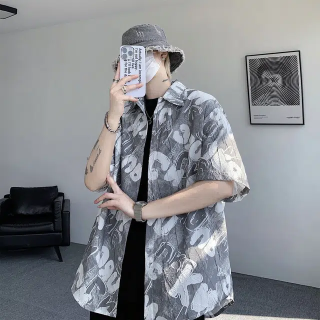 奇迹街区 美式复古夏威夷风百搭时尚潮流简约宽松短袖衬衫 男女同款