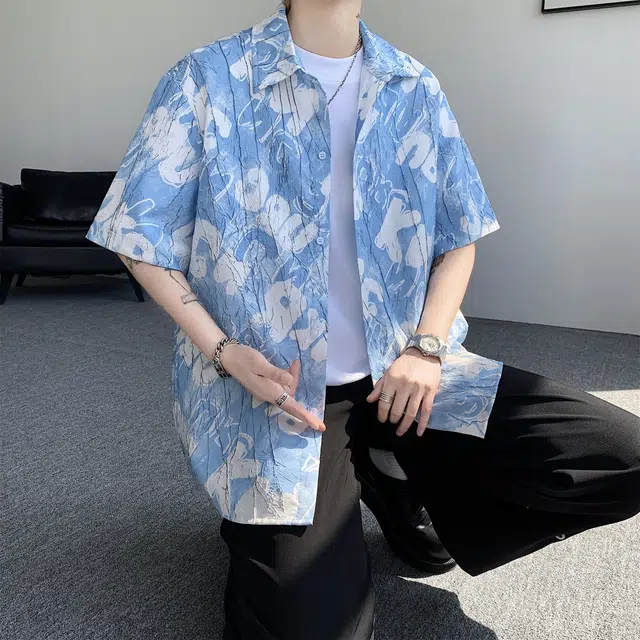 奇迹街区 美式复古夏威夷风百搭时尚潮流简约宽松短袖衬衫 男女同款