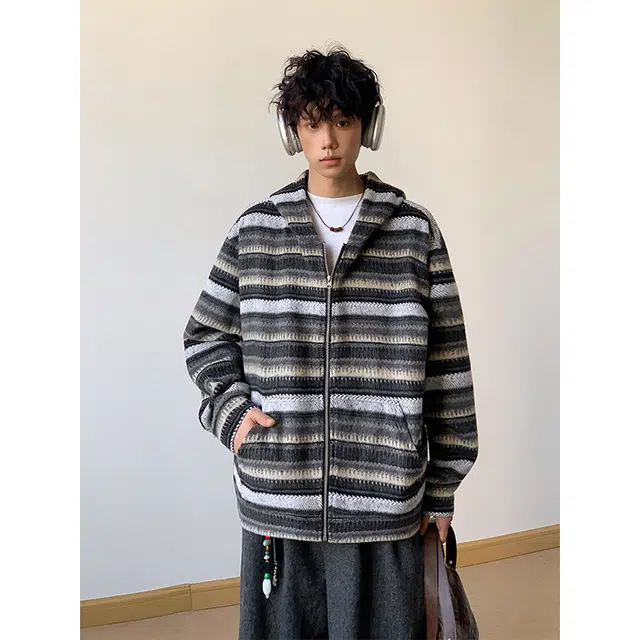 奇迹街区 费尔岛美式潮牌复古渐变撞色拼接条纹休闲情侣日系慵懒感毛呢帽衫时尚百搭开衫小众设计感高级拉链连帽卫衣 男女同款