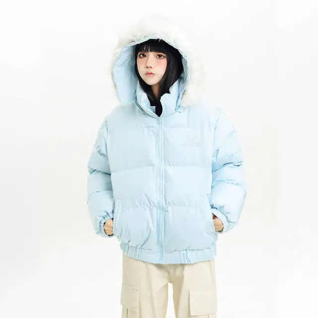 奇迹街区 美式纯色字母刺绣简约设计感毛领连帽可拆卸外套加厚百搭宽松情侣短款上衣保暖棉衣冬季棉服 男女同款