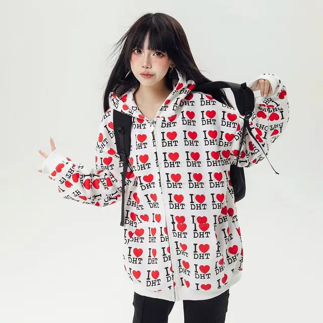 奇迹街区 美式满印爱心文字高街潮牌复古撞色创意小众设计宽松舒适百搭日常情侣嘻哈街头国潮外套潮流开衫连帽卫衣 男女同款