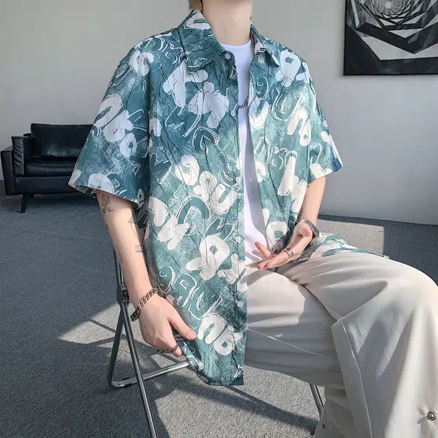 奇迹街区 美式复古夏威夷风百搭时尚潮流简约宽松短袖衬衫 男女同款